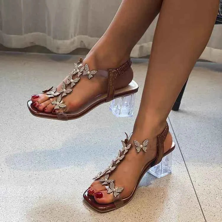 2024 Summer Rhinestone Butterfly Sandals, New Crystal and Fashion Transparent High Heels, Casual Street Women's Shoes