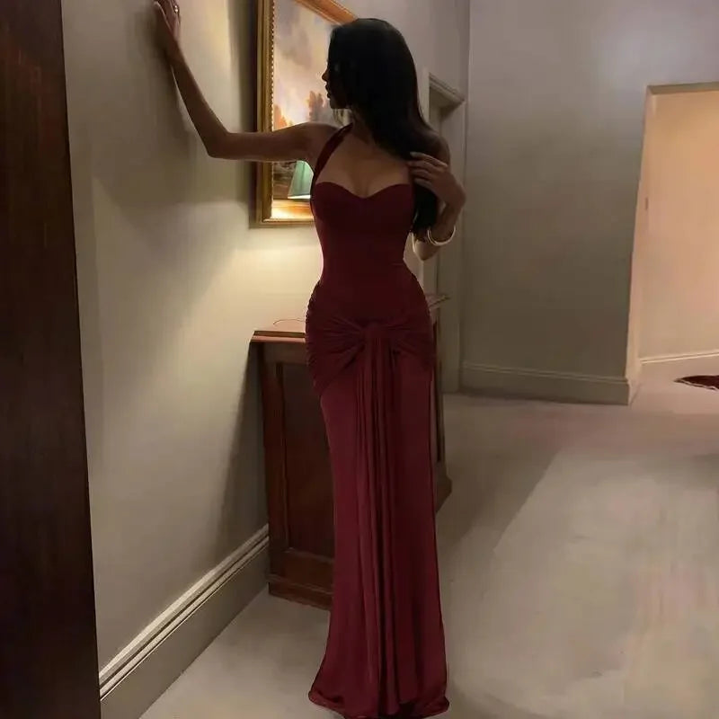 Sexy Backless Lace Up Halter Neck Maxi Dress Women Sleeveless Ruched Waist Draped Bodycon Dresses Party Evening Cocktail Robes