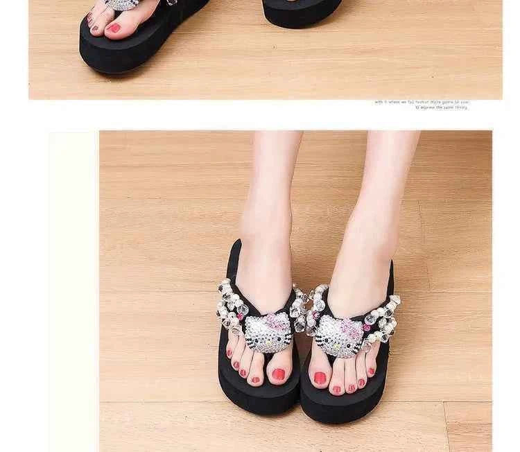 Hello Kitty Kawaii Soft Flip Flop Sandals Y2k Beach Slides Shoes Women Casual Wedge High Heels Platform For Slippers Ladies Gift