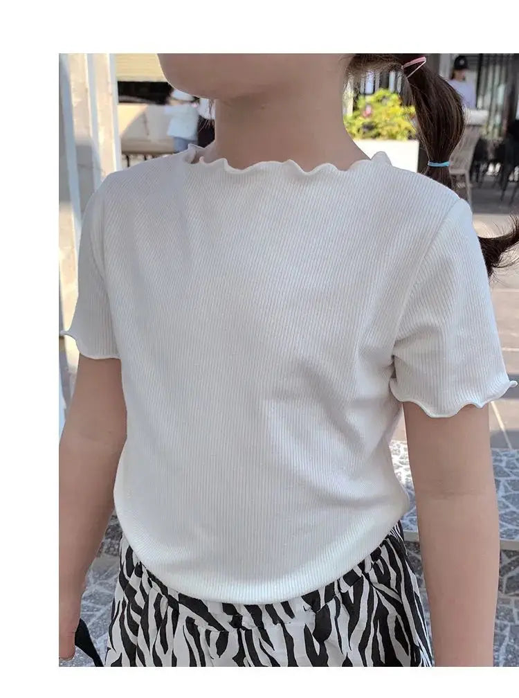 Girls' Casual Ice Silk Short-Sleeve T-Shirt, New Korean Style Children's Ruffled Top, Solid Color, Simple and Versatile