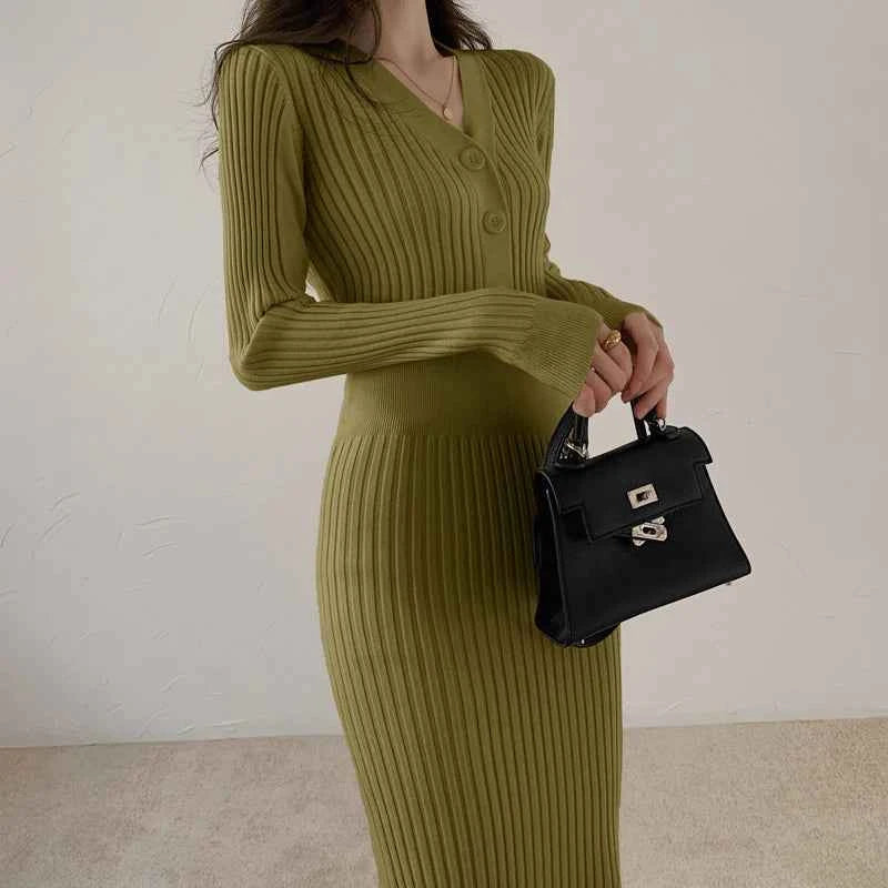 Autumn Winter Sweater Dress For Women 2024 New Arrivals Buttons Up V Neck High Waist Long Knitted Dress Korean Maxi Dresses