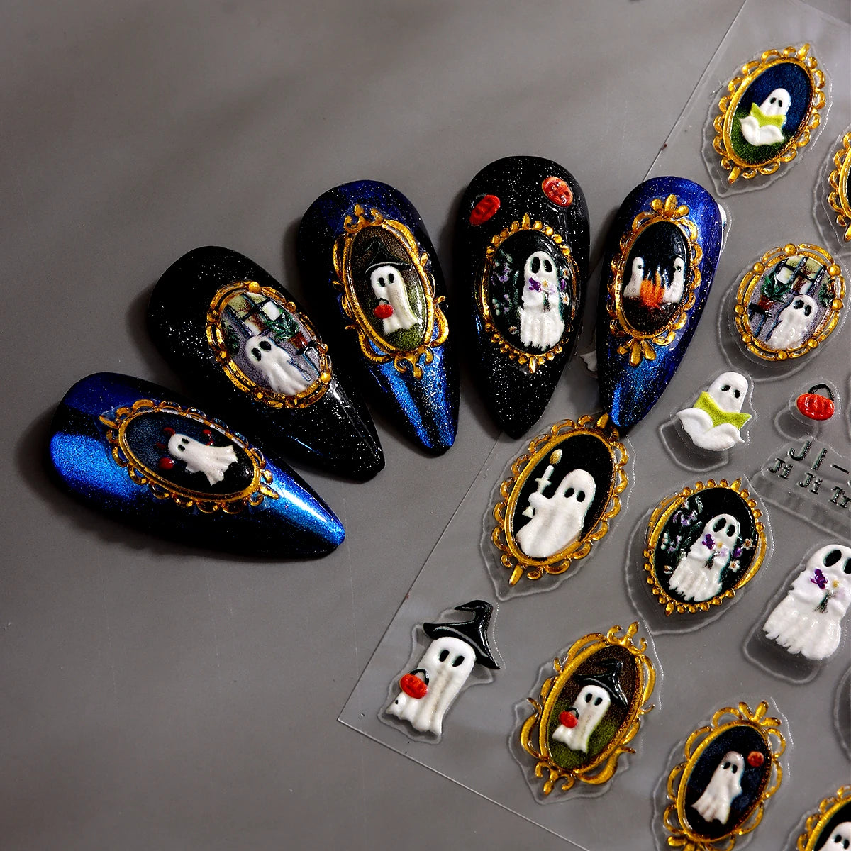 Halloween Gothic Ghost Nail Stickers – 5D Embossed Frames
