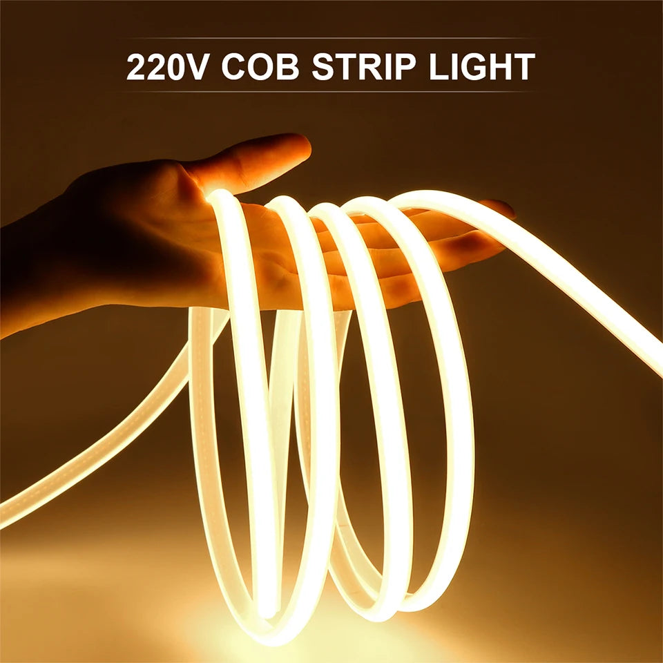 110V 220V Cob LED Strip Light Super Bright Waterproof with EU US Power Supply Switch 288 LEDS/m Warm/Neutral/White Outdoor Decor
