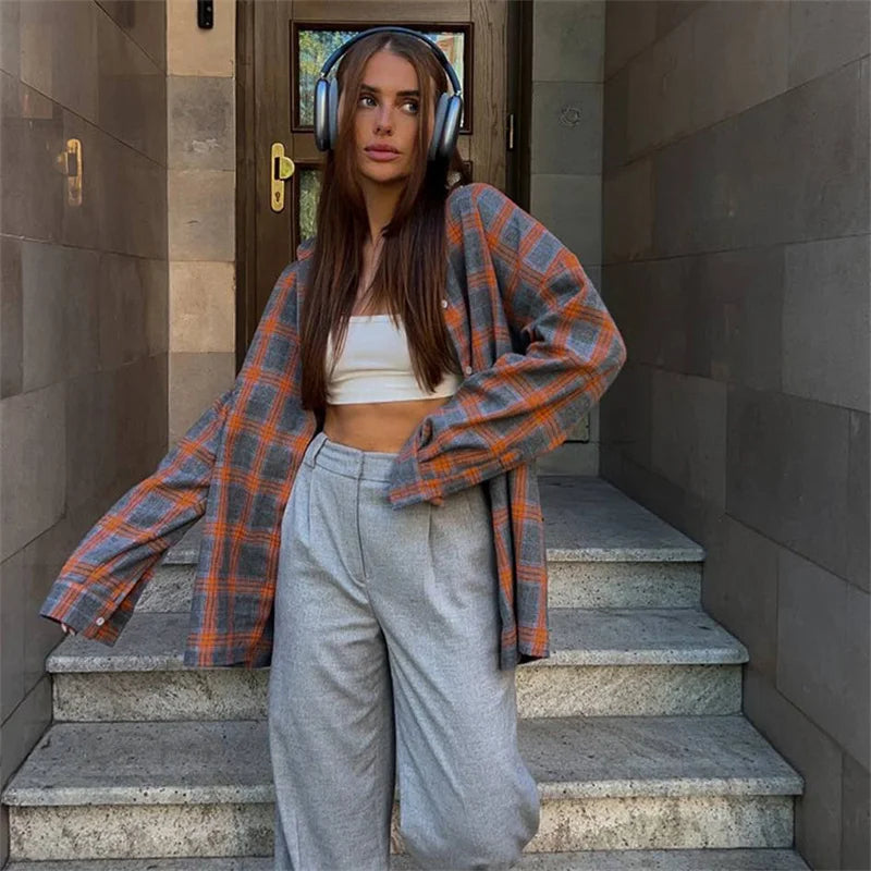 Vintage Plaid Blouse Women Spring Summer Korean Pocket Long Sleeve Lapel Shirt Fashion Streetwear Y2K Clothes 2026 Oversize Tops