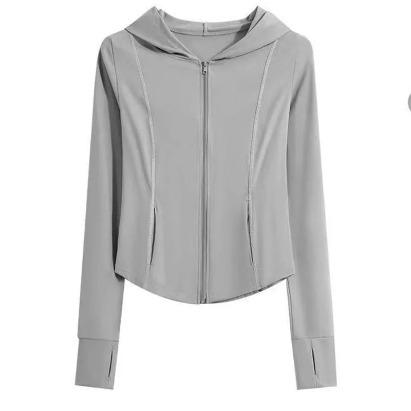 Women's Lce Silk Sun Protection Jacket 2026 New Long Sleeve Hooded Summer Thin Zipper Cardigan Korean Short Slim Sports Outwear