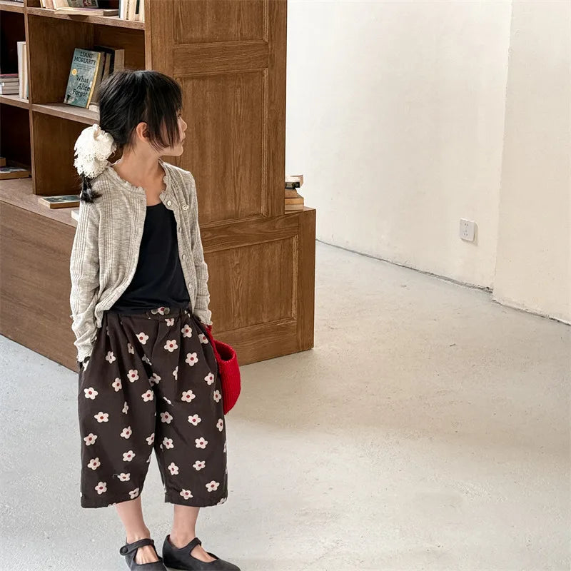 2026 Spring New Children Casual Pants Fashion Flower Print Girls Harem Pants Cotton Kids Loose Trousers Boys Cute Baby Clothes