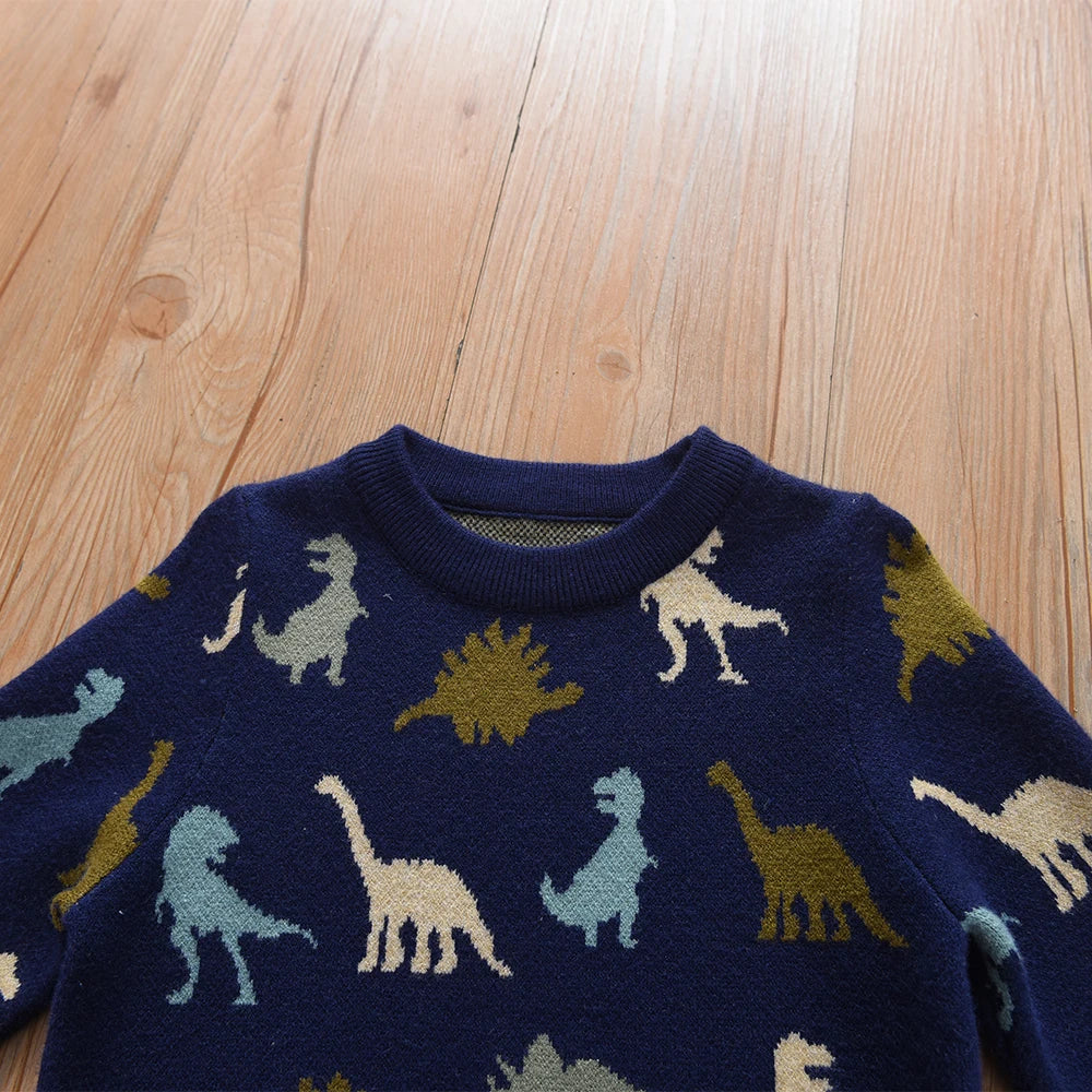 Boys' Navy Blue Dinosaur Printed Knitted Sweater 2-6Y Cute Pattern Pullover Toddler Autumn/Winter Top