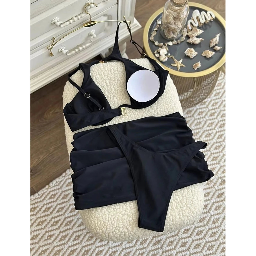 3PCS With Skirt Underwired Cut Out Bikini Women Swimwear Female Swimsuit Three-Pieces Bikini Set Bather Bathing Suit Swim V7733