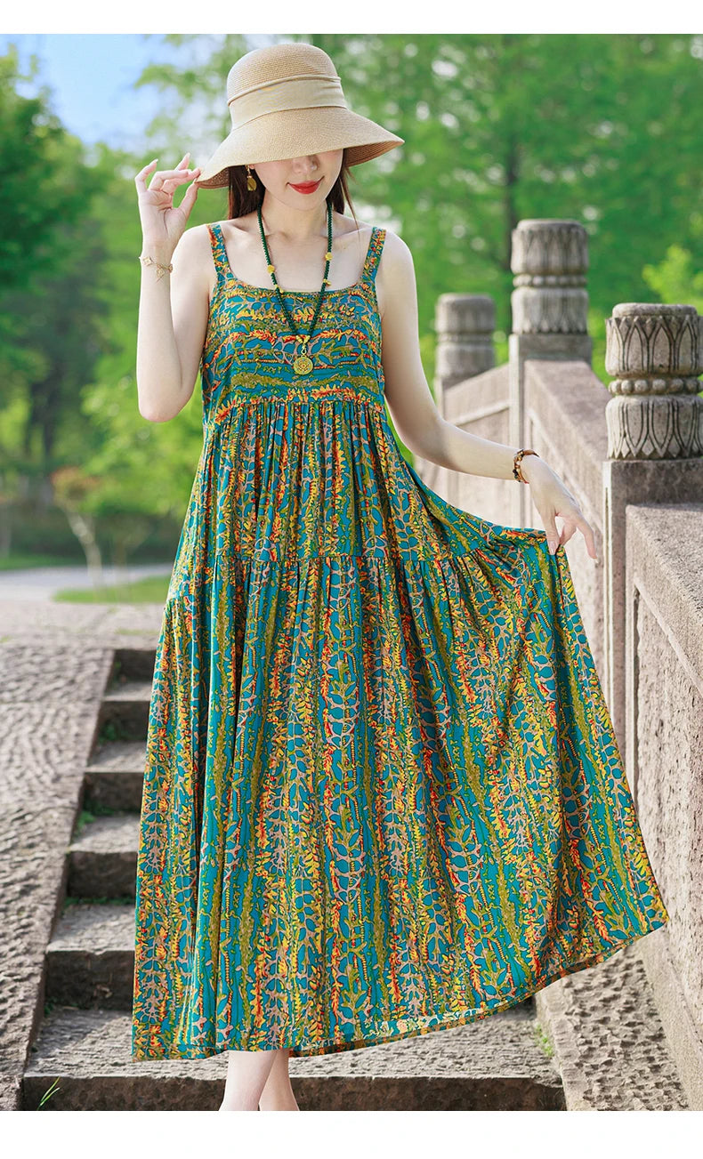 New Fashion Casual 2025 Summer Elegant Dresses For Women O-Neck Print Vintage Sleeveless Dress Loose Women Clothing