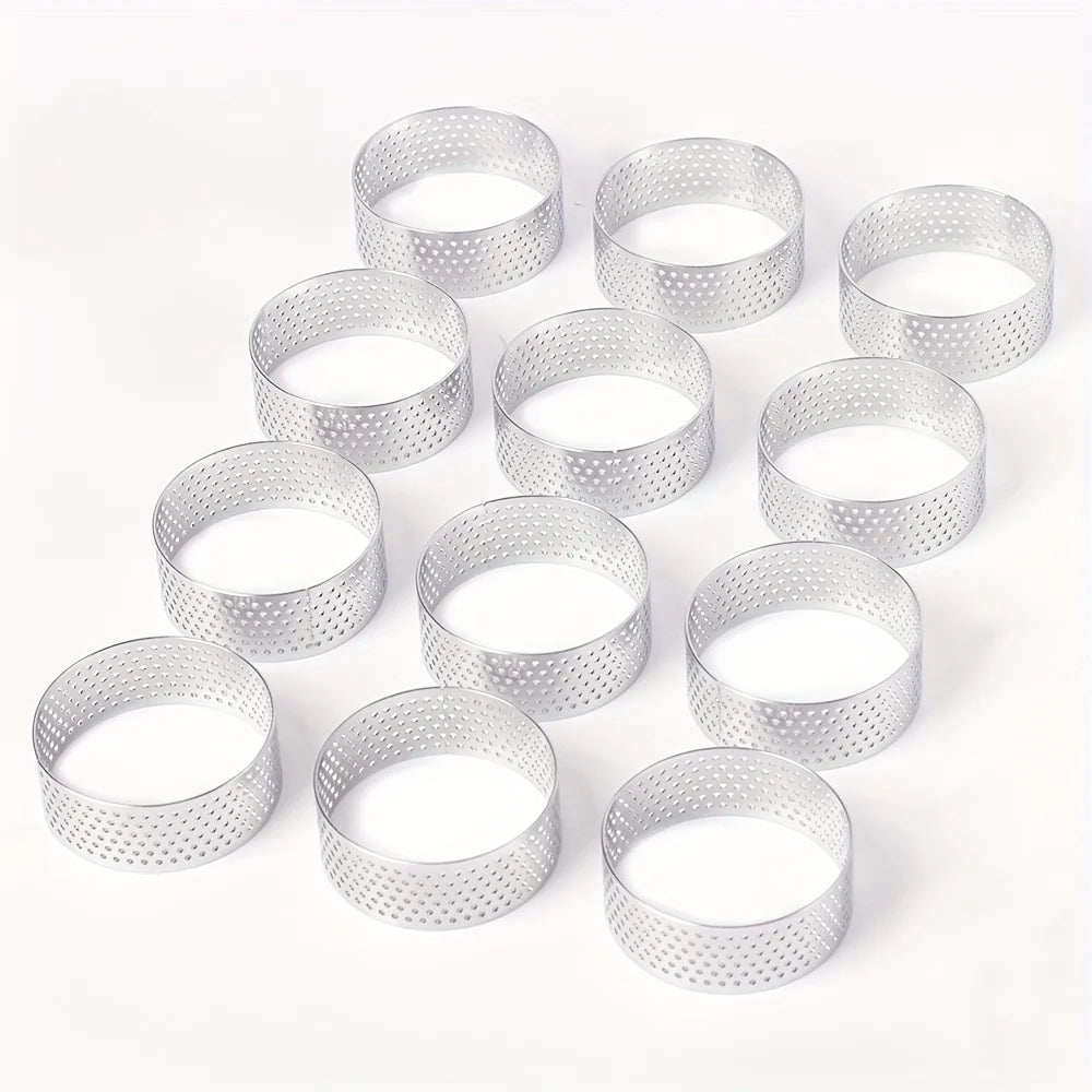 Set of 12 Stainless Steel Round Tart Rings - Perforated Molds for Mousses And Desserts,Cookie Cutters, Fruit Tart Molds