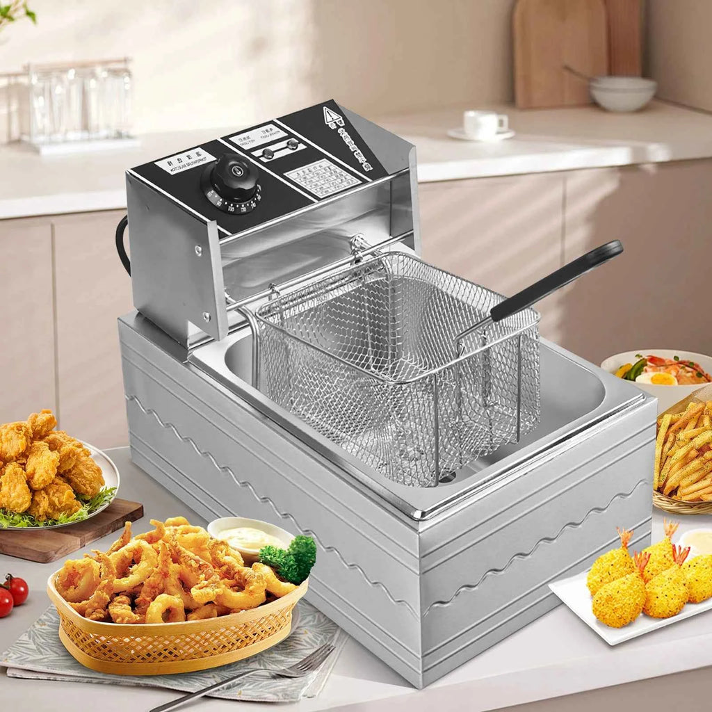 6L Electric Deep Fryer Stainless Steel Countertop Fryer with Basket for Fried Chicken French Fries with Time & Temp Control
