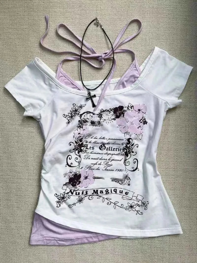 Vintage Gothic Prints Black T-Shirt Women Y2K Harajuku Fashion Punk Off-shoulder Sling Sexy Slim Summer Casual Trendy Top