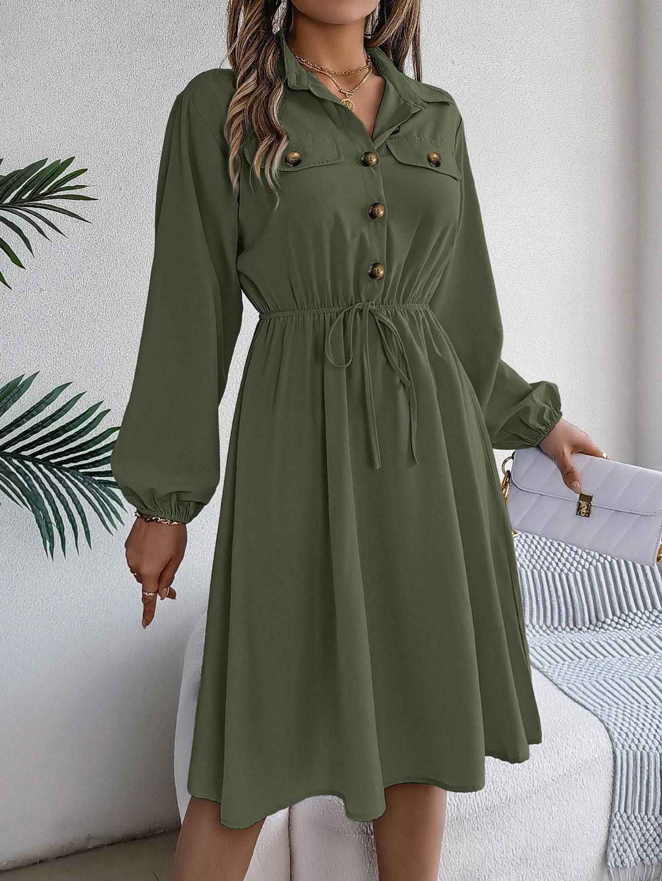 Autumn Winter Dresses for Women Casual Solid Color Button Tie Up Long sleeved Shirt Dress Blue  Green Black Red Woman Clothing
