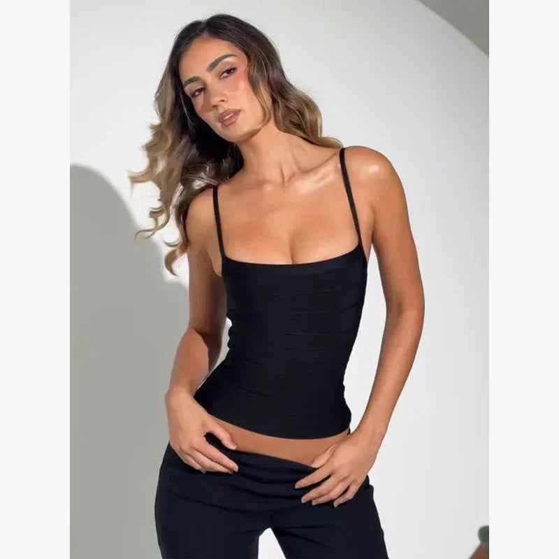 Women's Corset Tops Bandage Striped Spaghetti Strap Crop Top Square Neck Sleeveless Bodycon Stretch Partywear Chic Lady Clubwear