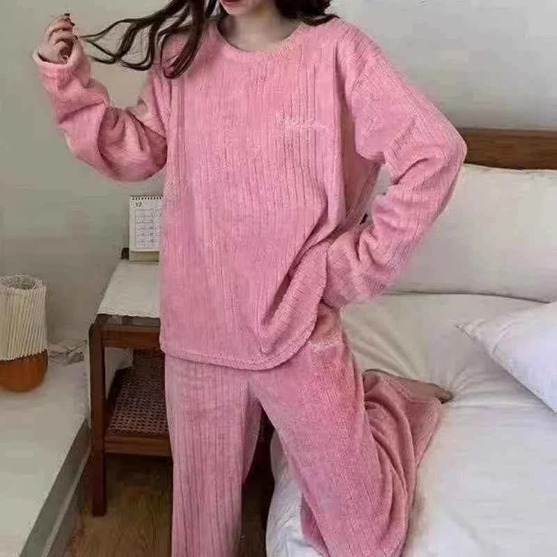 Winter Flannel Two-piece Loose Casual New O-neck Striped Coral Fleece Top Elastic Waist Pants sets Women's Pajamas Set Sleepwear