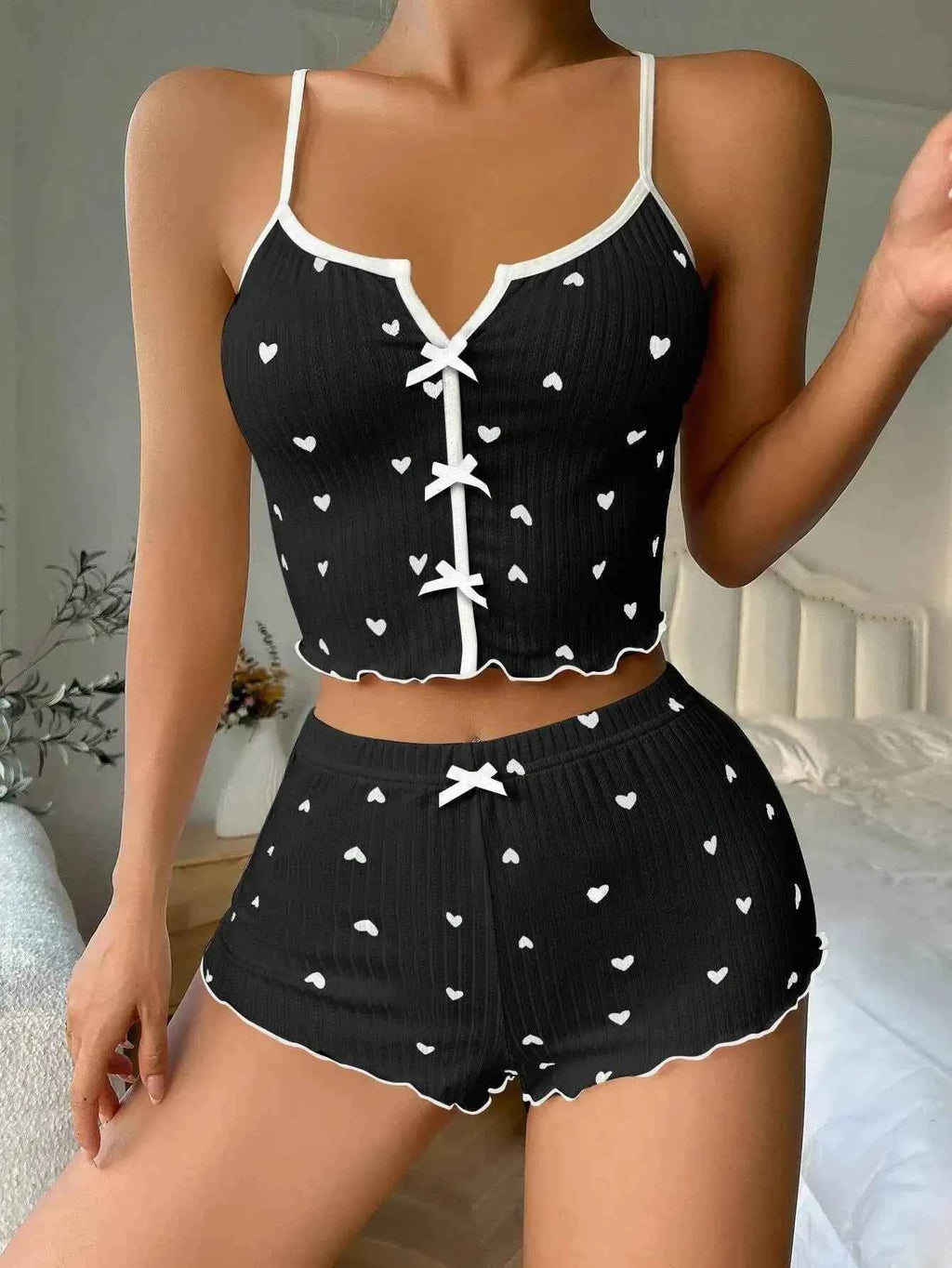 Women's Cute Pajama Set Heart Print Lettuce Trim Bow Front Cami Top and Shorts Pj Set Soft Sleepwear