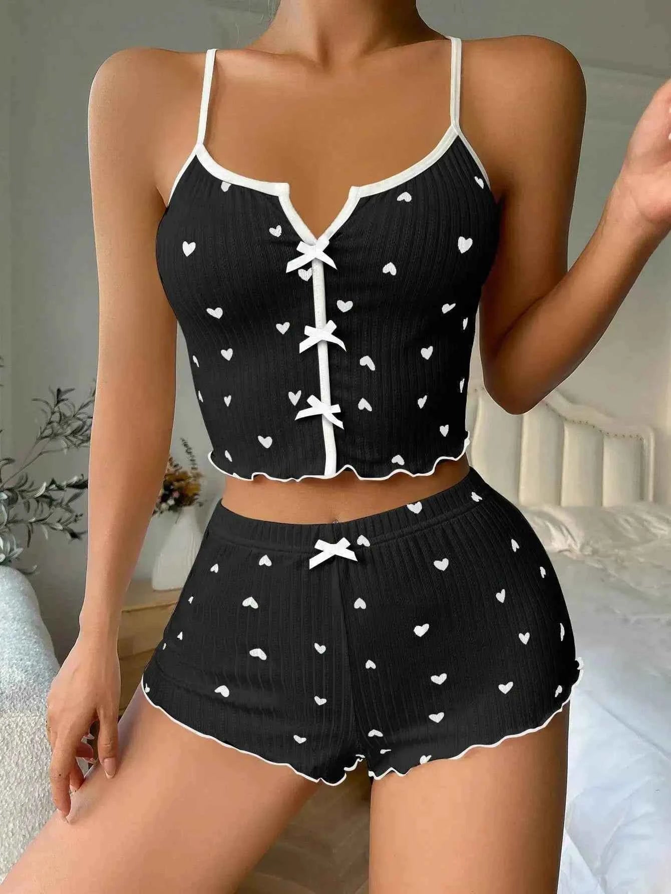 Women's Cute Pajama Set Heart Print Lettuce Trim Bow Front Cami Top and Shorts Pj Set Soft Sleepwear