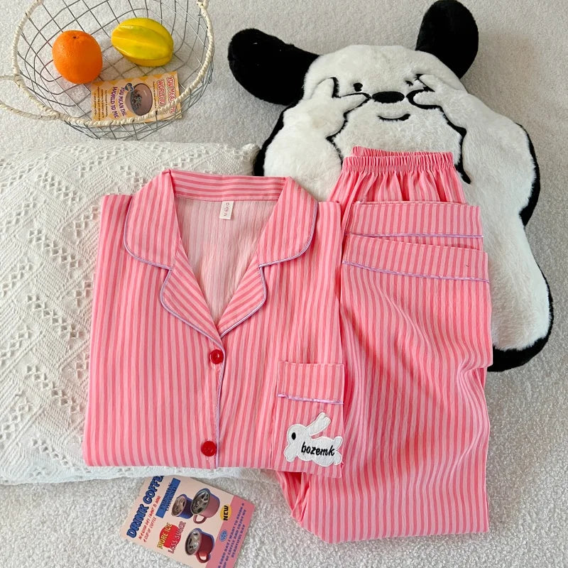 Embroidery Letter Pajamas Set Striped Rabbit Print Autumn Long Sleepwear Home Suit 2025 Lapel Neck New 2 Pcs Women's Pajamas