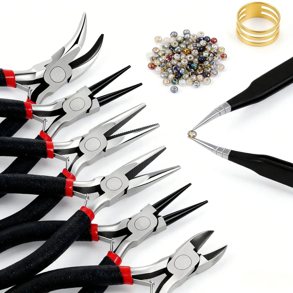 Complete Jewelry Making Tools Set: 4 Pliers (Bent Nose, Round Nose, Needle Nose, Side Cutter) + Tweezer for Jewelry Making, Wire