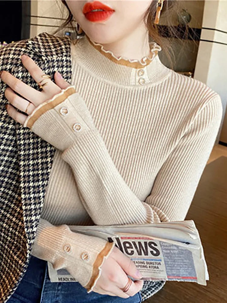 2026 Knitted Women Sweater O-neck Button Pullovers Autumn Winter Basic Sweaters for Female Pullover Slim Solid Bold Lace Tops
