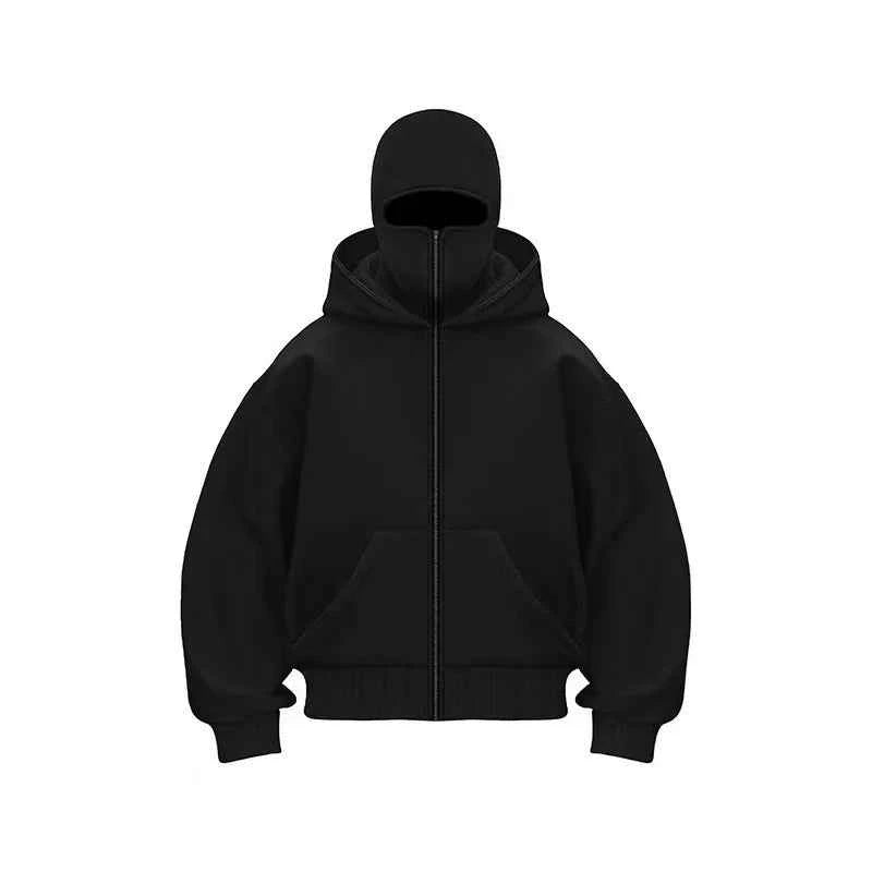 Unisex Double Hooded Fleece Sweatshirt Woman Balaclava Hoodie Half Zip Warm Outfit for Fall Winter Men Clothing Masked Outfit