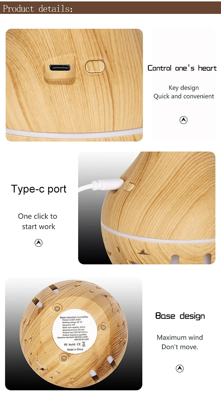 USB Ultrasonic Cool Mist Sprayer Essential Oil Fragrance 200ml Mini Home Wood Grain Air Humidifier Electric Air Aroma Diffuser