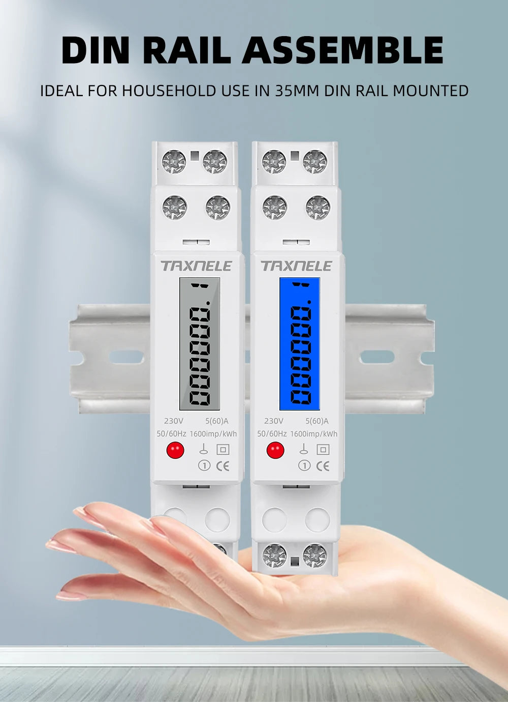 18mm Single Phase 1P 2 Wire Digital Wattmeter Power Consumption Analog Energy Meter kWh AC 230V 50Hz LCD Electric Din Rail Mount