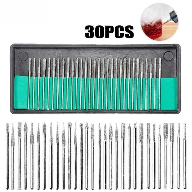 30pcs Diamond Burr Set with Case – 2.35/3mm Shank for Dremel & Rotary Tools, High Abrasive Grinding Polishing Drill Bits