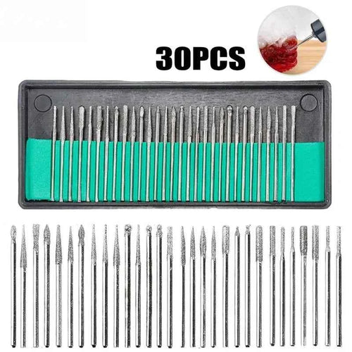 30pcs Diamond Burr Set with Case – 2.35/3mm Shank for Dremel & Rotary Tools, High Abrasive Grinding Polishing Drill Bits