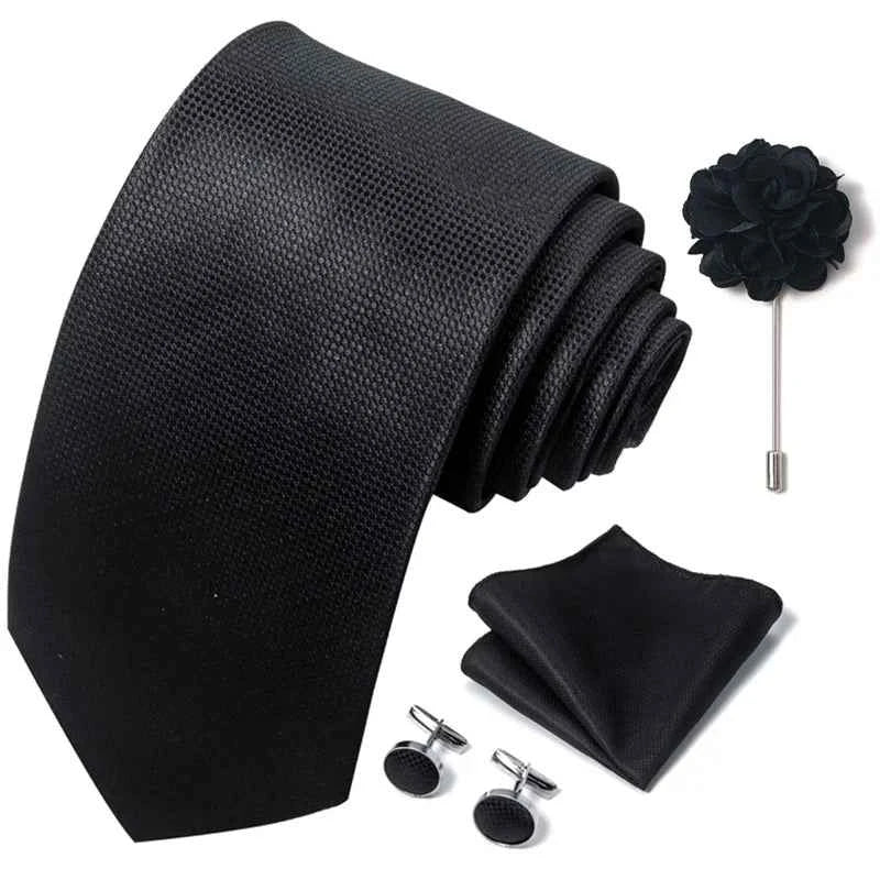 Luxury Mens Ties Floral Black Gold Ties Paisley NeckTie Pocket Square Cufflinks Brooch Set Men's Wedding Party Tie
