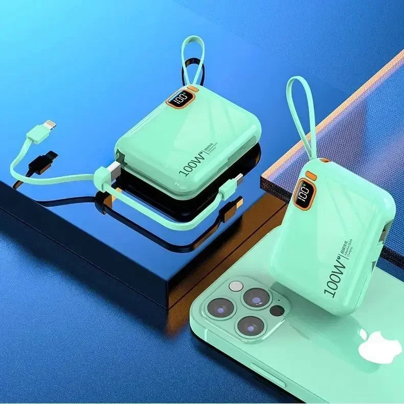 green Color Portable 20000mAh Power Bank With Built-In Cables