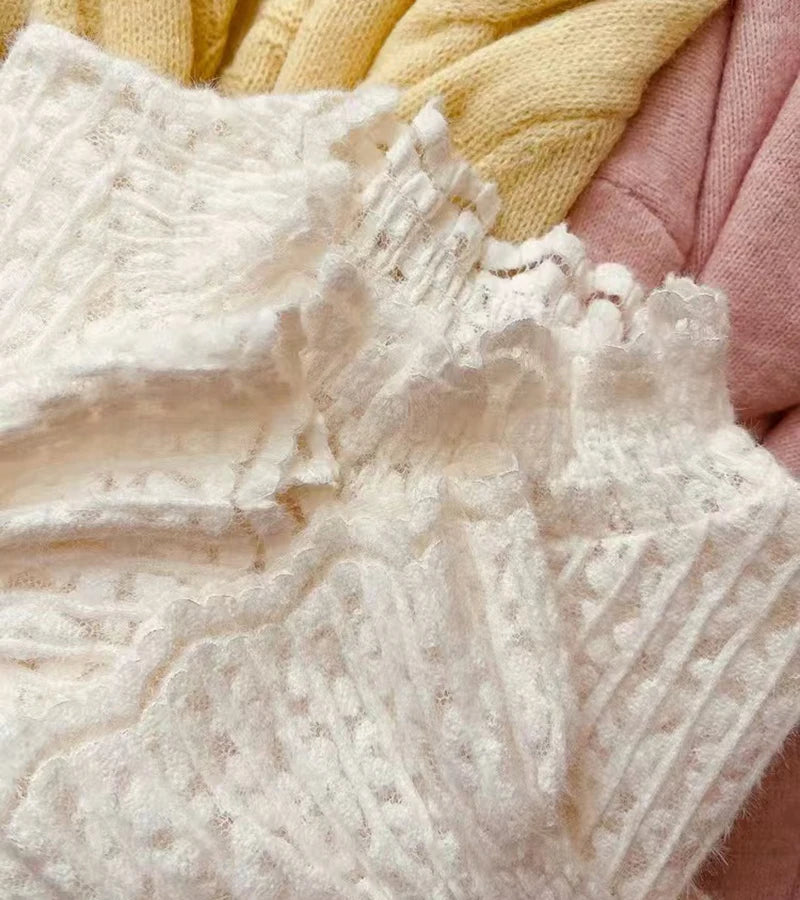 Lace Half Turtleneck Knitted Sweater Women Fall Winter Thick Warm Long Sleeve Pullover Korean Chic Slim Hollow Out Jumper New