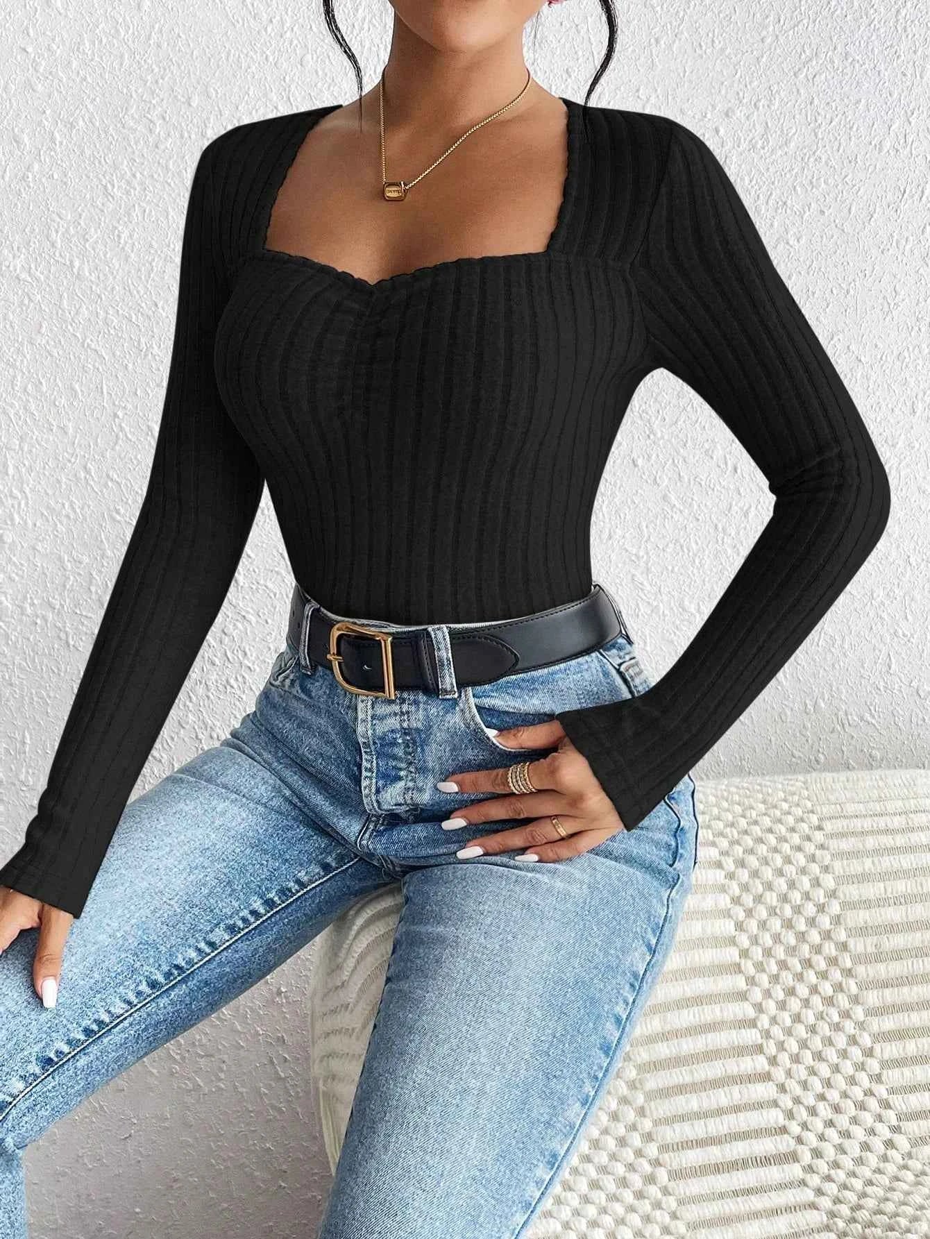 Women's Fashion Diamond Collar Knitted Base Shirt Casual Long Sleeve Top Knitwear Trendy Elegant Style