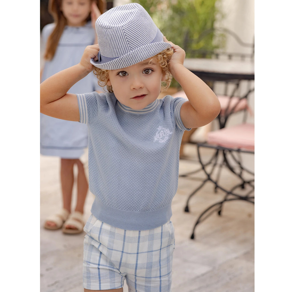 AP Barcelona Blue Collection Girls Dress Embroidery Brothers Sisters Family Matching Clothing Boys Plaid Set Knit Top