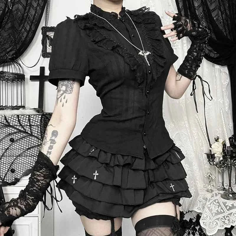Sweet Lolita Cotton Shirts Women Vintage Gothic Black White Jacquard Short Sleeve Blouses Elegant Office Lady Y2k Tops
