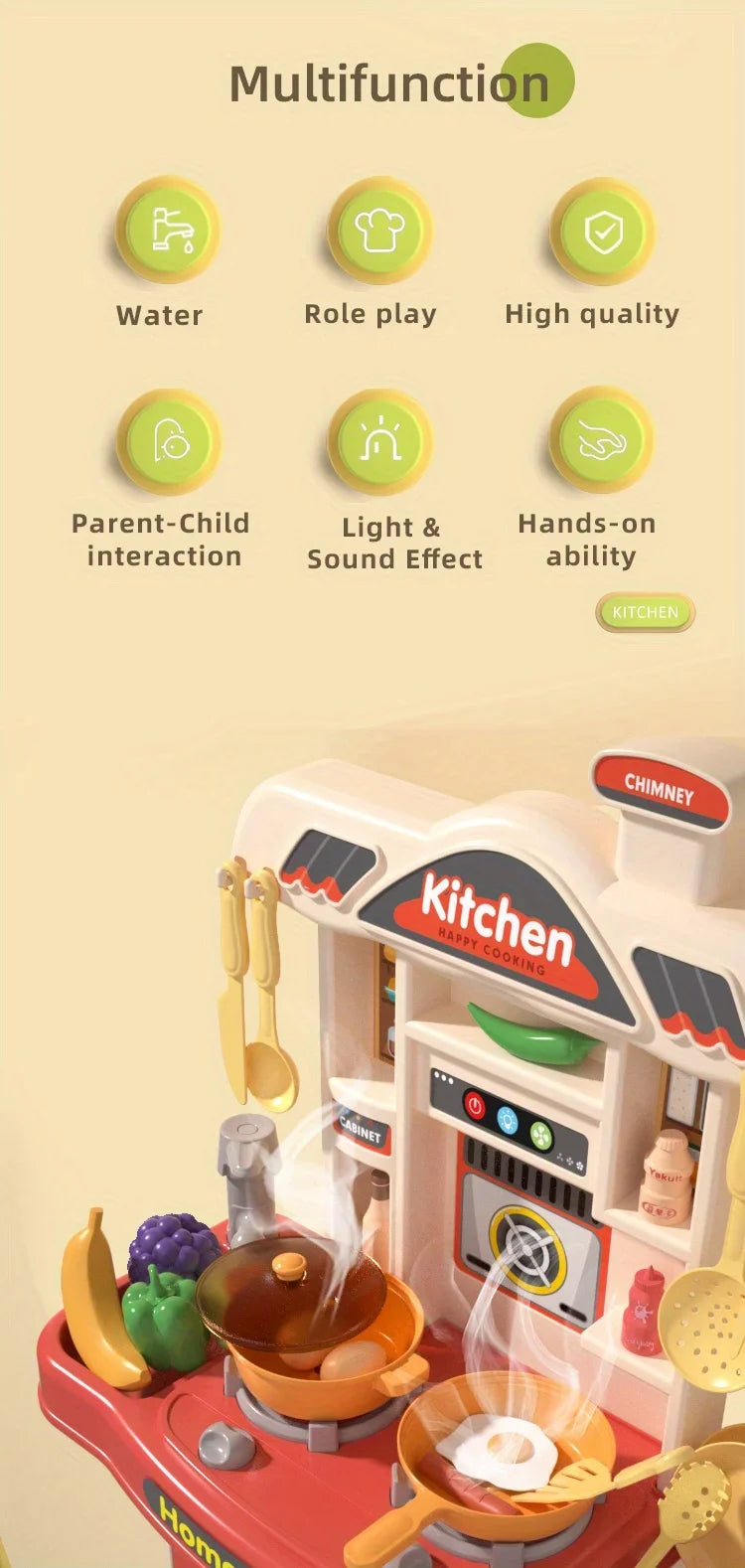 Kids Play Kitchen Set Toddler Kitchen Playset with Sound & Light Cooking Stove with Steam Play Sink Play Food Toy for Boys Girls