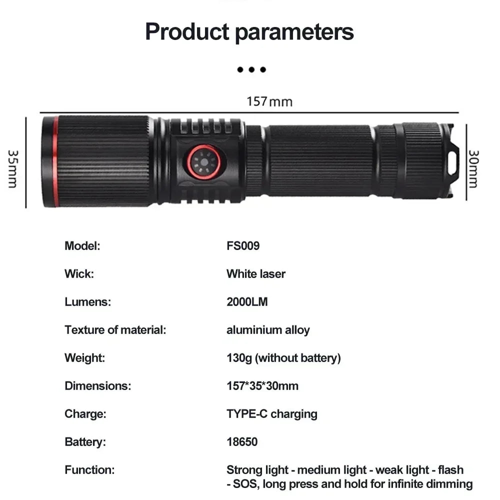 30W White Laser LED Flashlight Zoom Torch USB Rechargeable Light Outdoor Camping Hunting Fishing Walking Riding Lighting Lamp