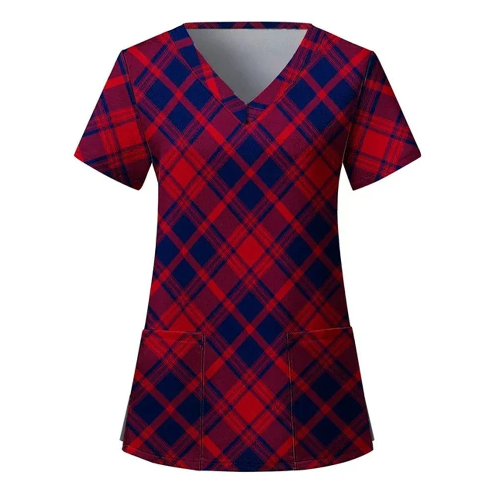 Womens Christmas Nurse T Shirt Print Short Sleeve V Neck Workwear With Pocket Working Nurse Work Wear Overalls Medical Uniforms