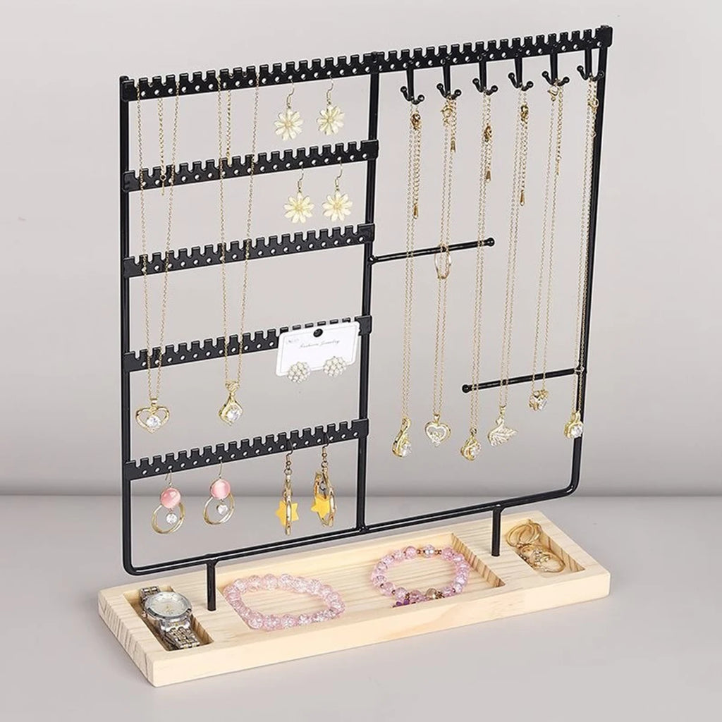 Metal Jewelry Organizer Stand with Wooden Tray - Multi-Functional Storage for Earrings, Necklaces, Bracelets & Rings