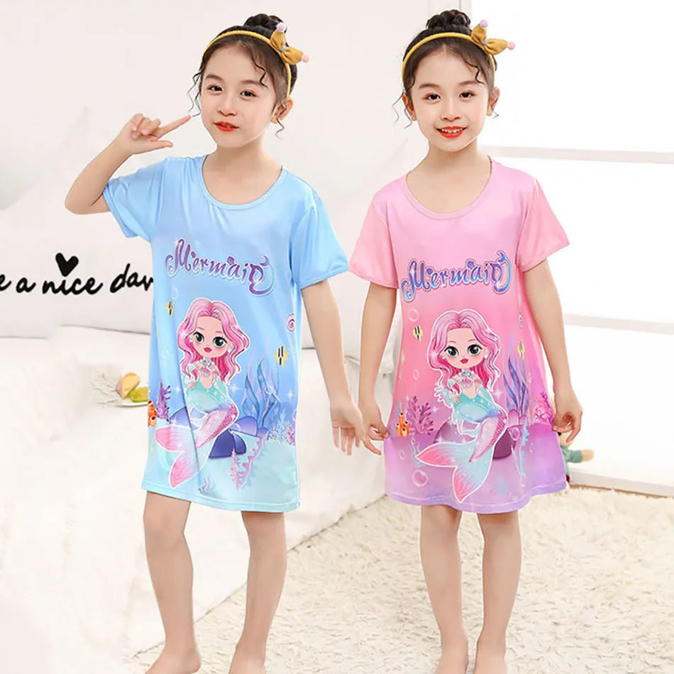 Girl Mermaid Dress Children Short Sleeve Summer Princess Dress Breathable Cartoon Print Girls Soft Silk Nightgown Kids Sleepwear