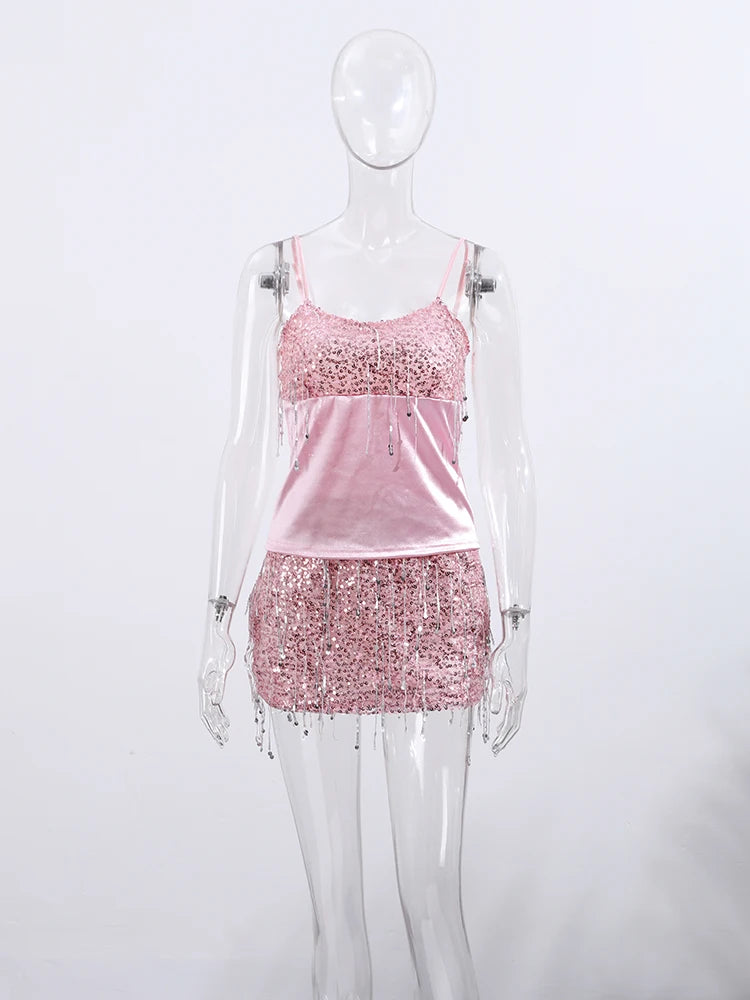 Sexy Tassel Chains Women's Set Elegant Solid Sequins Hip Package Female Party Mini Skirts Summer Holiday Lady Outfit Beachwear