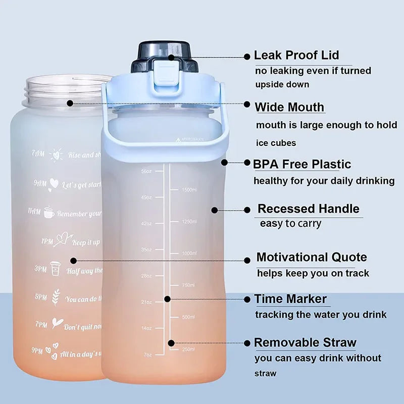 2 Liter Water Bottle with Straw Female Girls Large Portable Travel Bottles Sports Fitness Cup Summer Cold Water with Time Scale