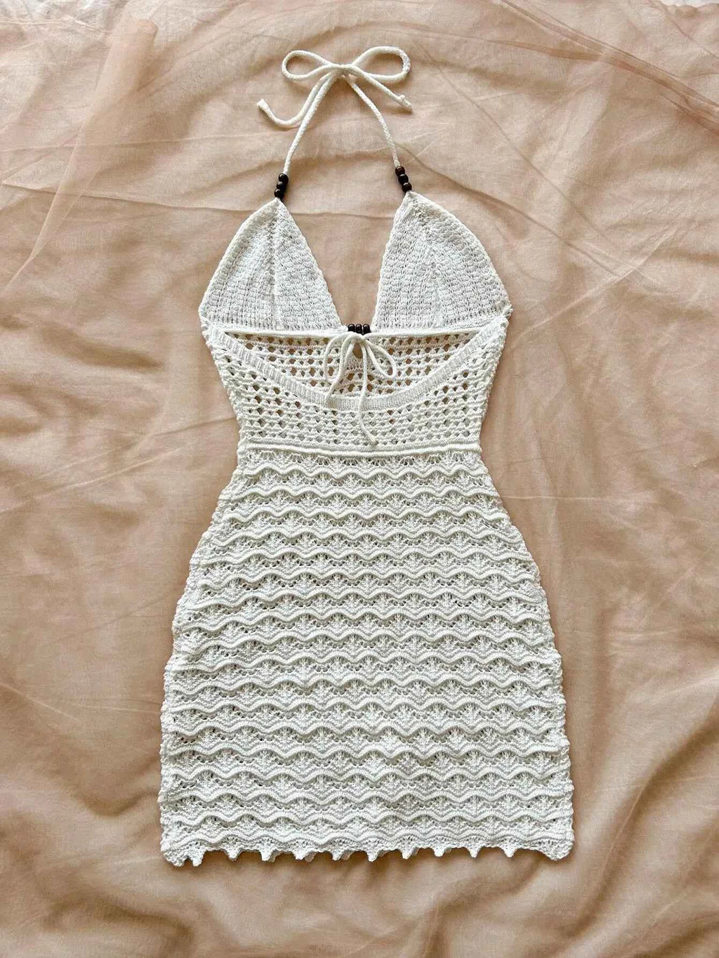 Summer sexy V-neck hollowed out wooden bead slim fit dress with vacation straps and strapless gradient color knitted dress