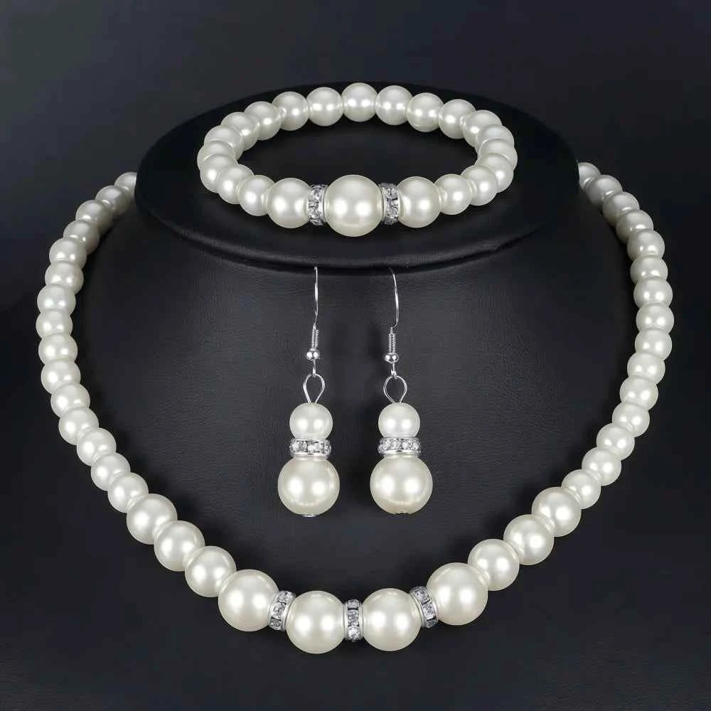 3 PCS Imitation Pearl Fireball Necklace Bracelet Earring Stud Jewelry Set Silver Color Crystal Stone Elegant Bridal Jewelry Gift