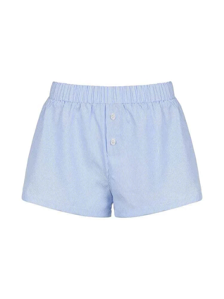 Striped Print Casual Shorts for Women Elastic Waist Fashion Button Bottoms Streetwear Chic Basic Y2K Loose Shorts