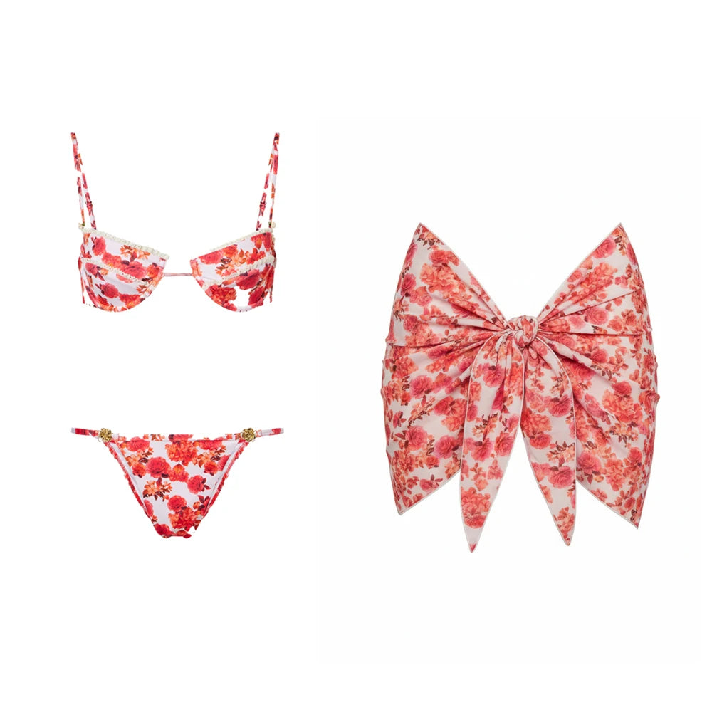 Print Bikini Swimsuit and Cover Up Bikini Set Women Sexy Lace Swimwear High Leg  Bathing Suit Beachwear Biquini