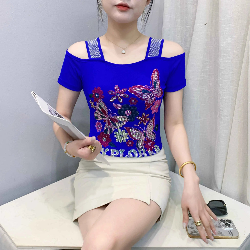 New Arrival Summer European Clothes Women's T-Shirts Chic Luxury Butterfly Hot Diamonds Tees Sexy Girl Slim Streetwear Tops