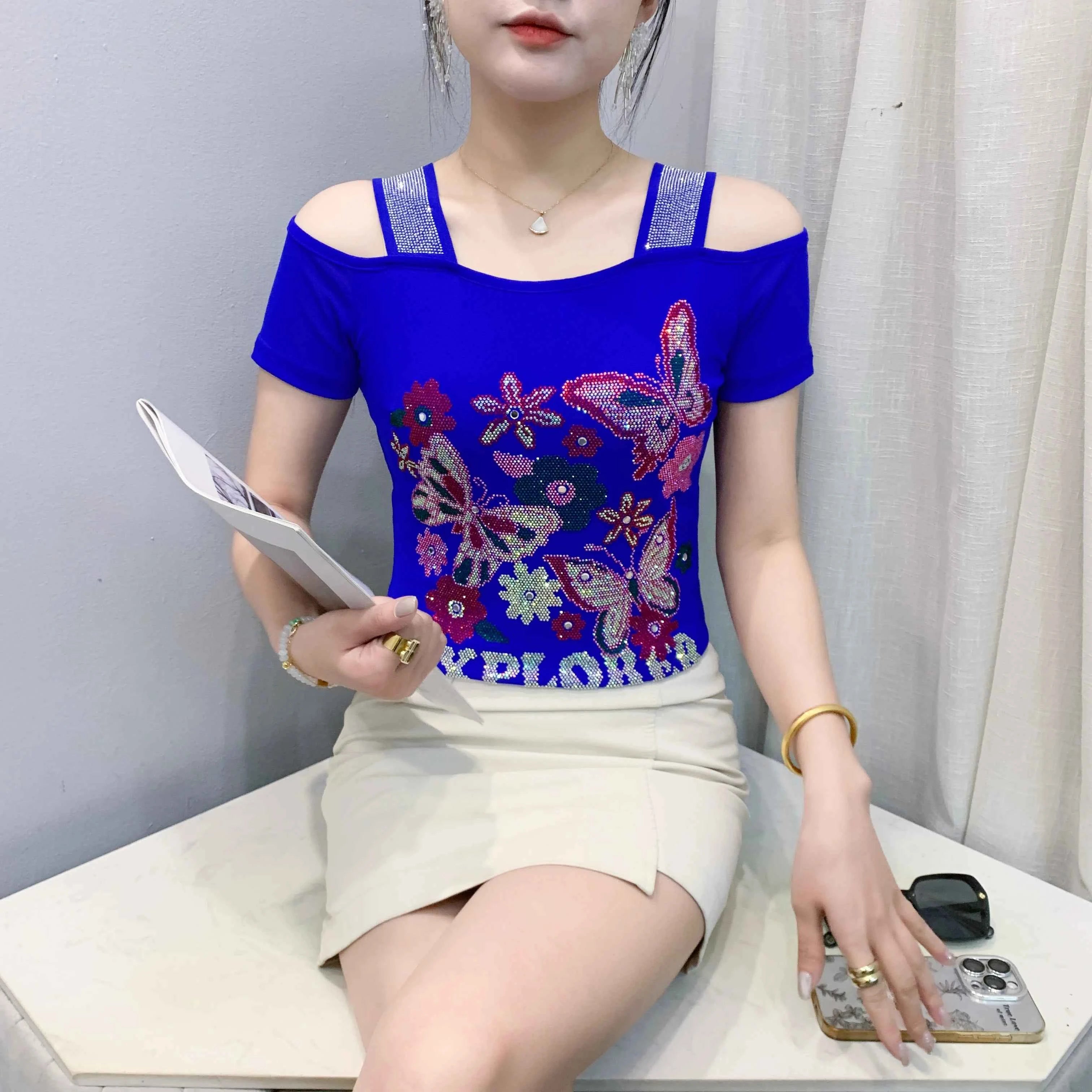 New Arrival Summer European Clothes Women's T-Shirts Chic Luxury Butterfly Hot Diamonds Tees Sexy Girl Slim Streetwear Tops