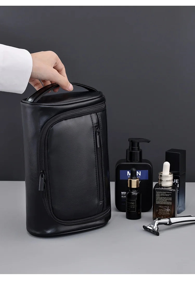 Large Capacity Men Leather Wash Bag Travel Business Trips Portable Cosmetic Bag Multi Pocket Design Handheld Leather Wash Bag LI