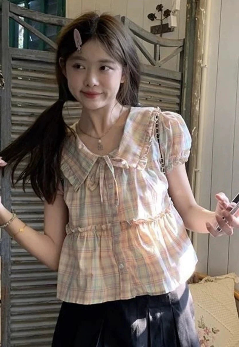 Preppy Style Sweet Plaid Shirt Women Summer Cute Peter Pan Collar Cropped Blouse Kawaii Casual Lace Up Lady Tops New